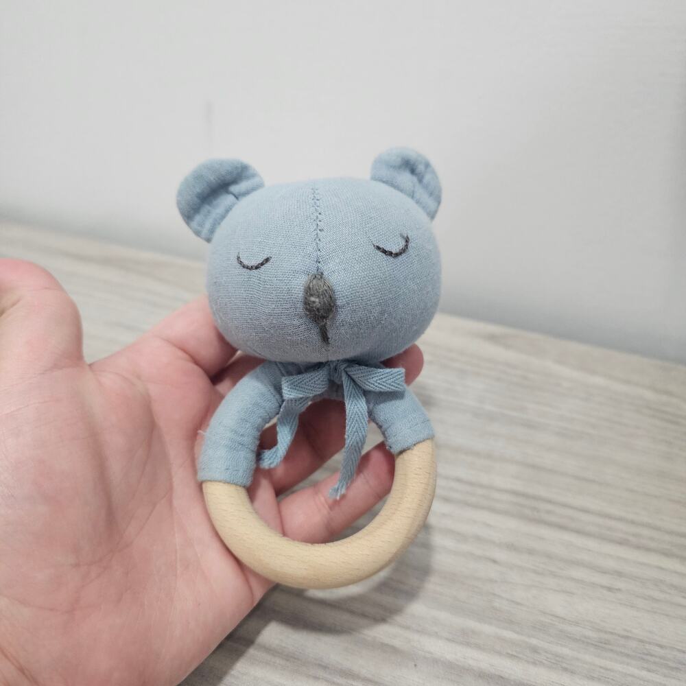 Elegant Baby Organics Blue Gray Bear Ring Rattle Plush Wood